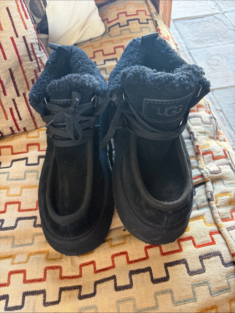 UGG Kids Black Suede Shearling Lace-Up Boots